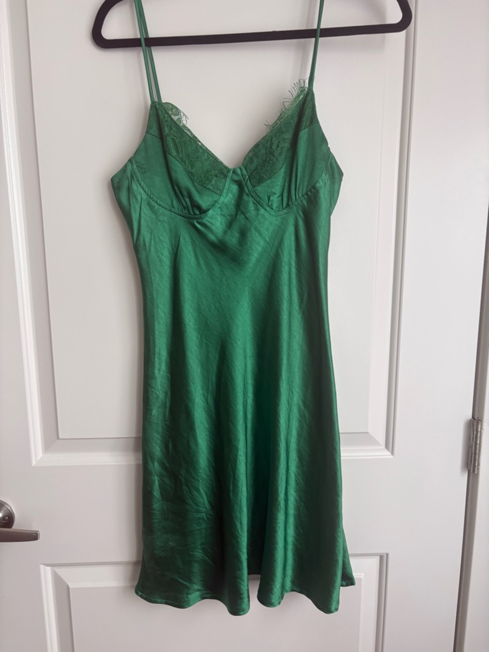 Emerald Green Satin Slip Dress with Lace Trim